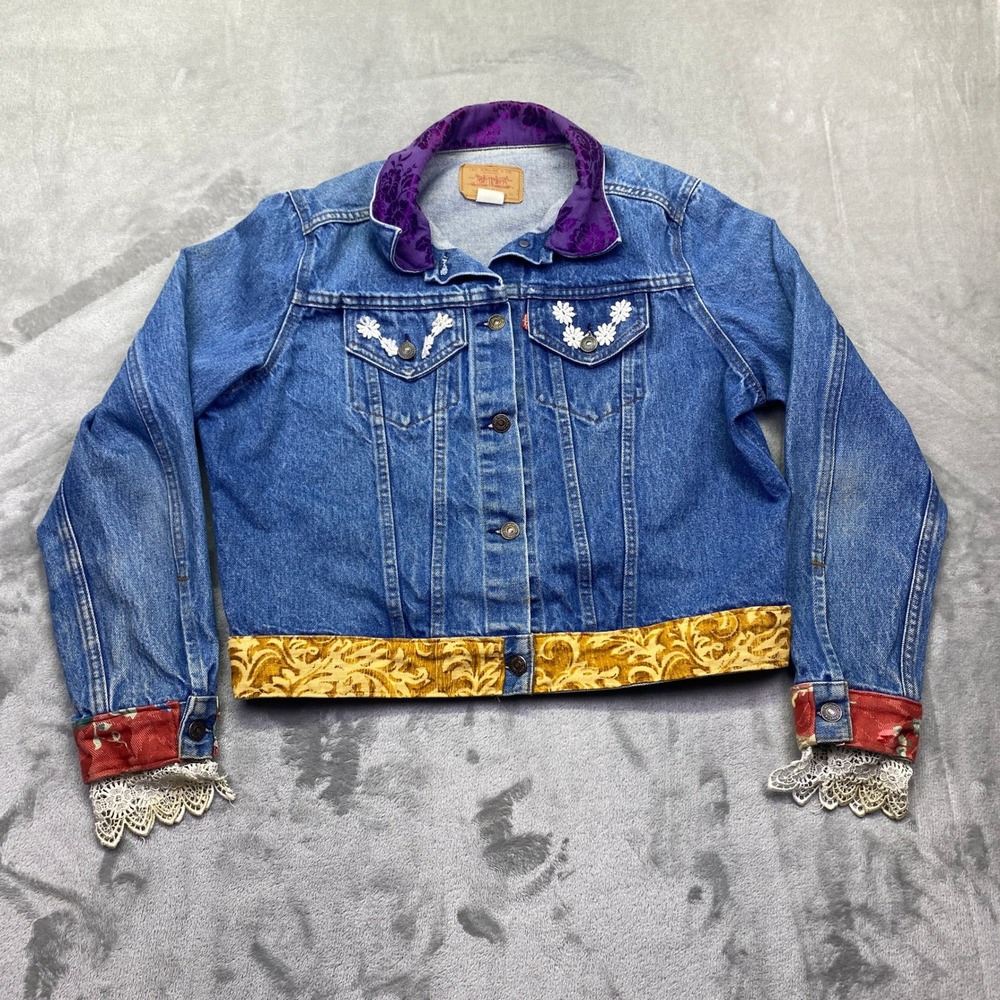 VTG Levis Denim Jacket Custom Upcycled Lace Brocade XL‎ Womens USA 80s Western
